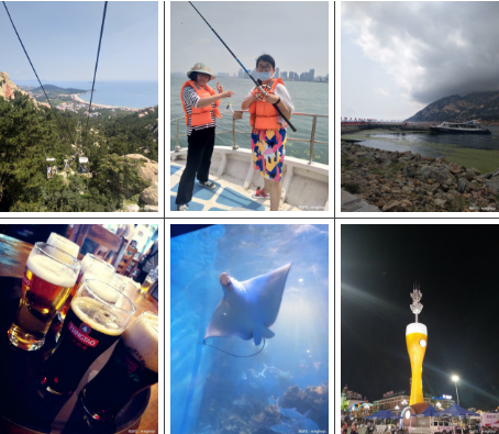 上圖依次為：仰口纜車、海上垂釣、黃河之濱、青島啤酒博物館、海昌極地海洋館、啤酒節(jié)